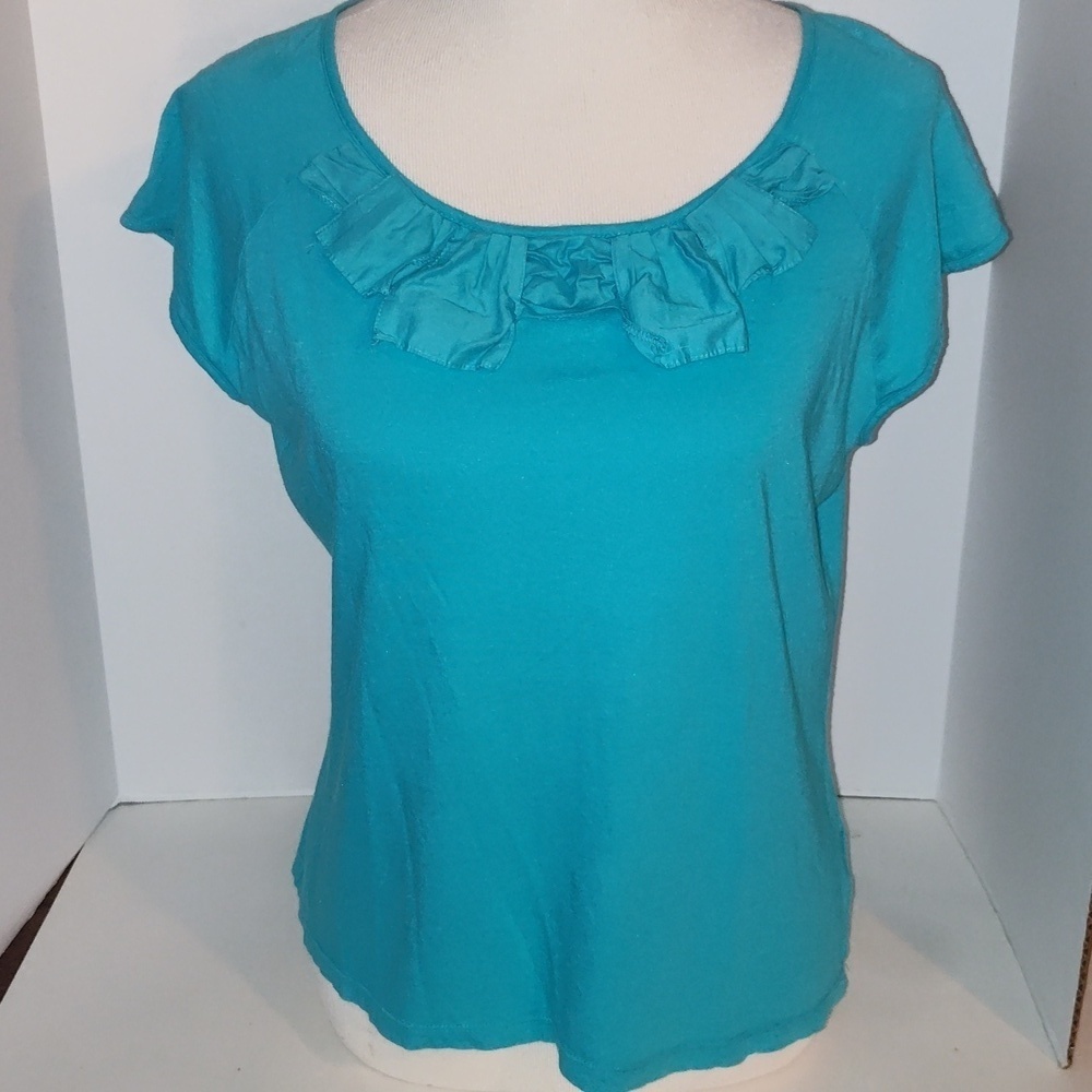Talbots Blue Turquoise Large Shirt With Ruffle Neck